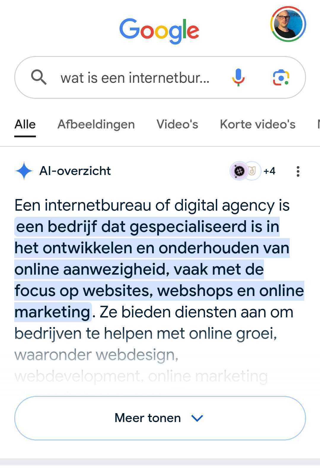 Screenshot AI Overview voor "wat is een internetbureau"