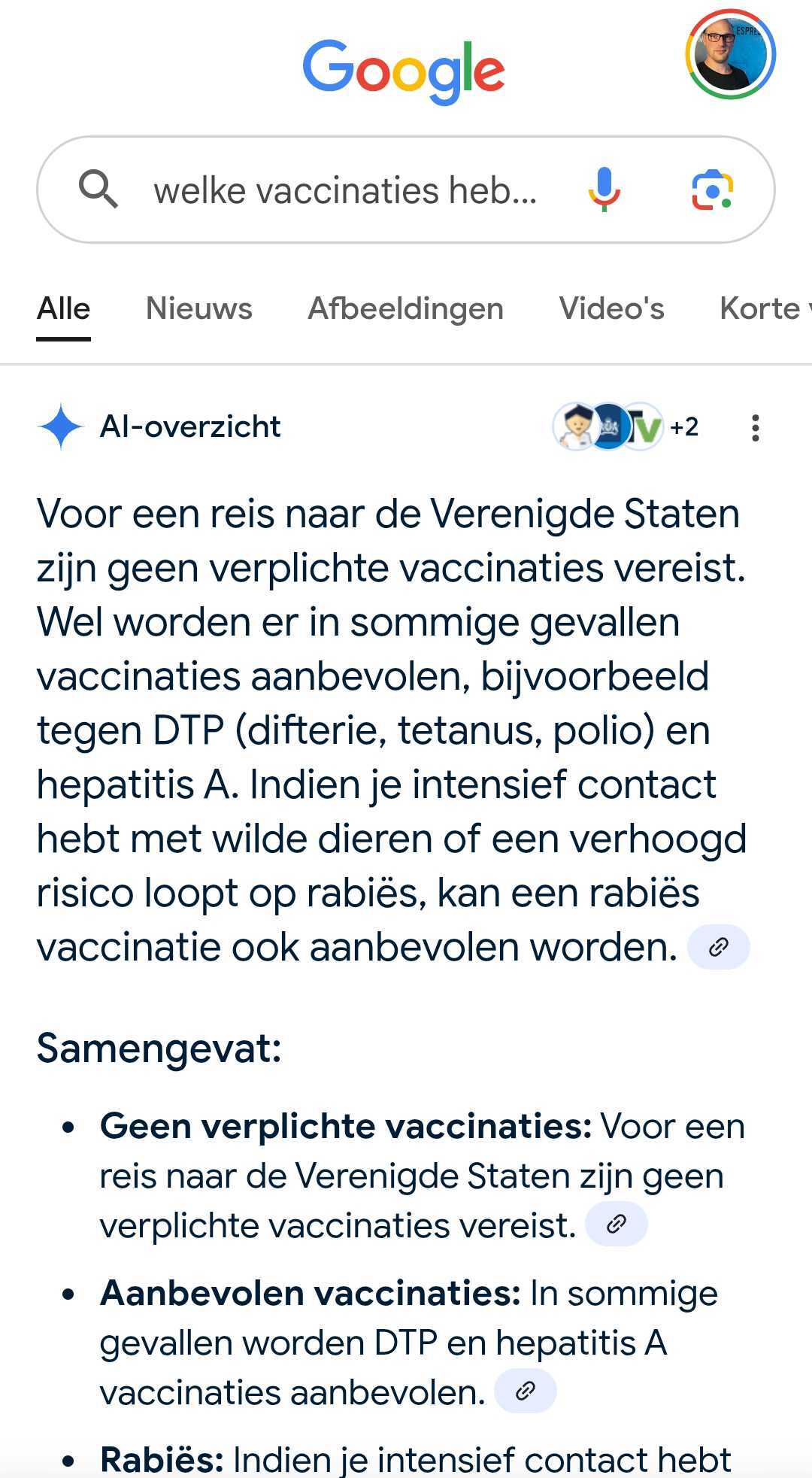 Screenshot AI Overview voor vaccinatievraag Amerika