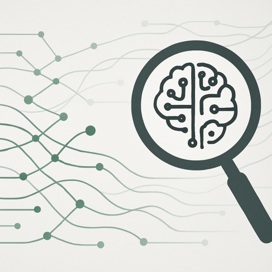 Abstracte illustratie van AI en zoektechnologie met netwerk en vergrootglas