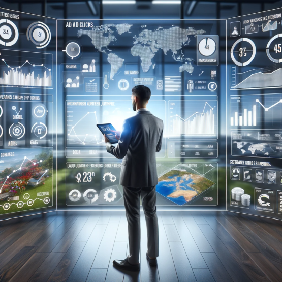 Een marketeer in een lichte ruimte analyseert metrics op een digitale tablet. Achter de marketeer staat een groot transparant scherm met grafieken en statistieken over advertentieklikken