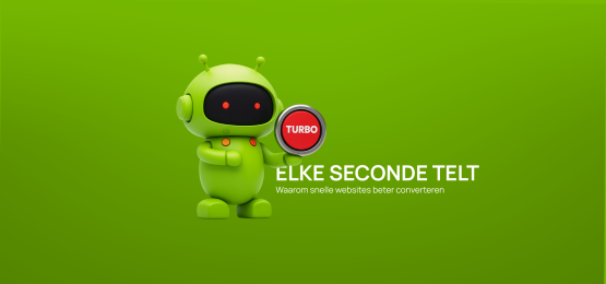 Groene robot drukt op rode turbo-knop voor websitesnelheid optimalisatie - elke seconde telt voor betere conversie