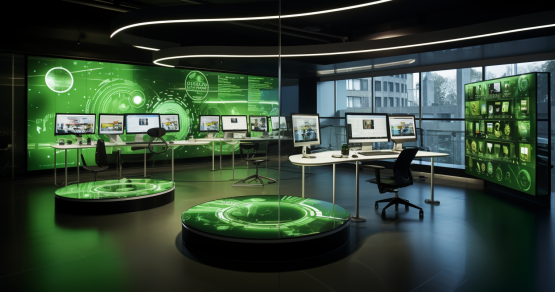 A modern digital workspace filled with monitors marketing campaign