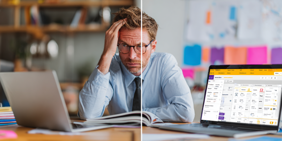 Professional split-screen comparison, left side: businessman frustrated looking at thick paper catalog and PDF on laptop, cluttered desk, muted colors. Right side: young professional using modern clean web interface with product grid and filter sidebar, bright contemporary office, vibrant colors. Business photography style, high quality